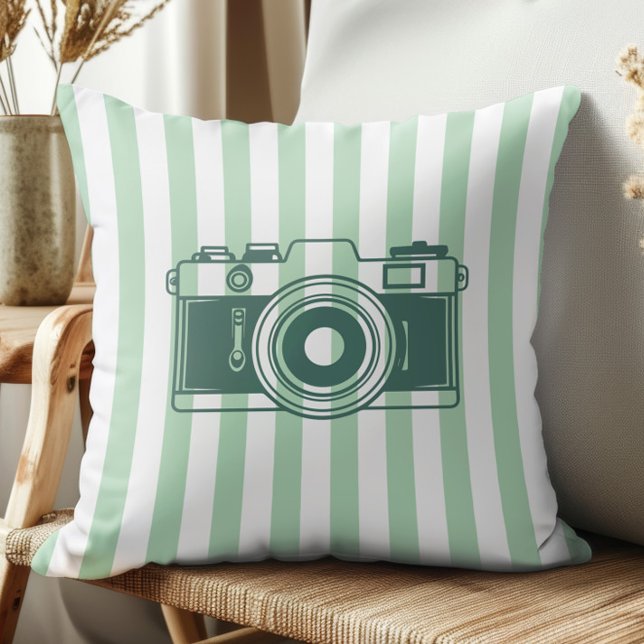 Camera on Sea Green Stripes, Accent Pillow,  Kissen (Von Creator hochgeladen)