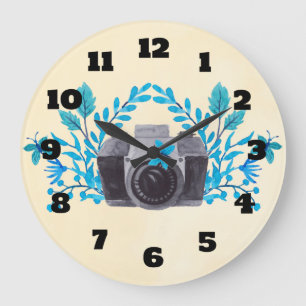 Camera With Azure Blue Leaves And Butterflies Große Wanduhr