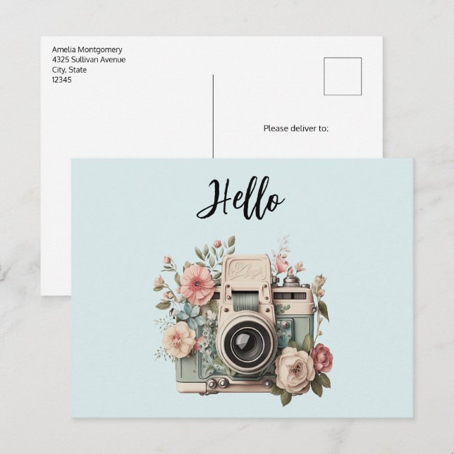 Camera with Flowers Retro Pastel Hello Postkarte (Vorne/Hinten)