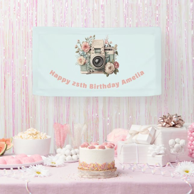Camera with Flowers Retro Pastel Image Birthday Banner (Party)