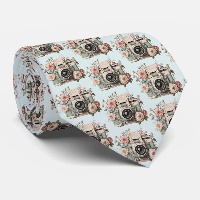 Camera with Flowers Retro Pastel Image Pattern Krawatte (Gerollt)