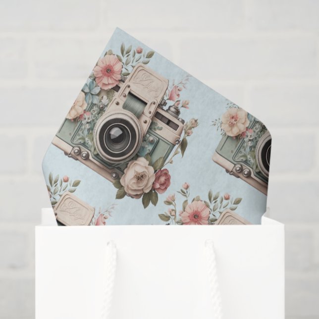 Camera with Flowers Retro Pastel Image Pattern Seidenpapier (Geschenk Tasche)