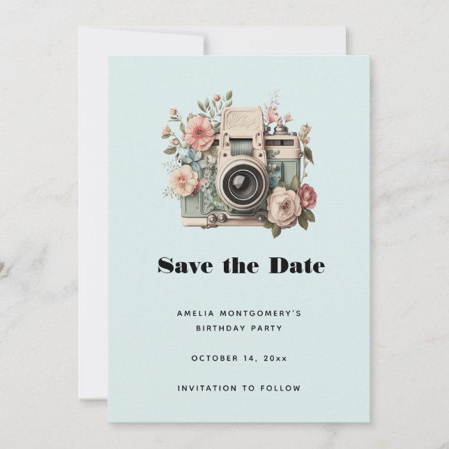 Camera with Flowers Retro Pastel Image Save The Date (Vorderseite)