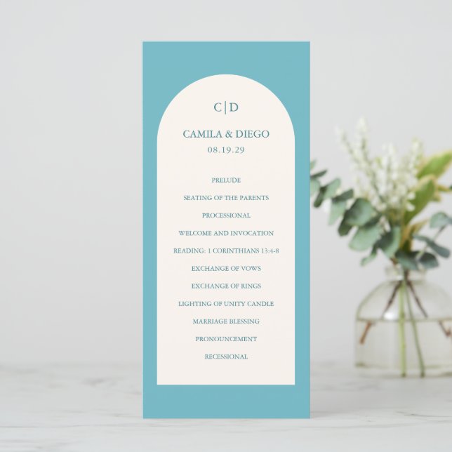 Camila Aqua Arch Moderne Hochzeit Programm (Stehend Vorderseite)