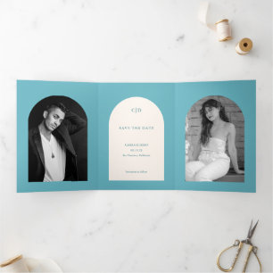 Camila Aqua Arch Moderne Hochzeit retten Datum Dreifach Gefaltete Ankündigung