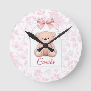 Camila Benutzerdefiniertes rosa Teddy-Bär-Kinder Runde Wanduhr