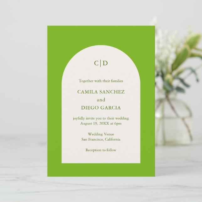 Camila Green Arch Moderne Hochzeit Einladung (Stehend Vorderseite)