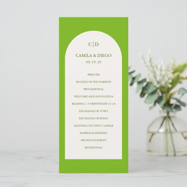 Camila Green Arch Moderne Hochzeit Programm (Stehend Vorderseite)