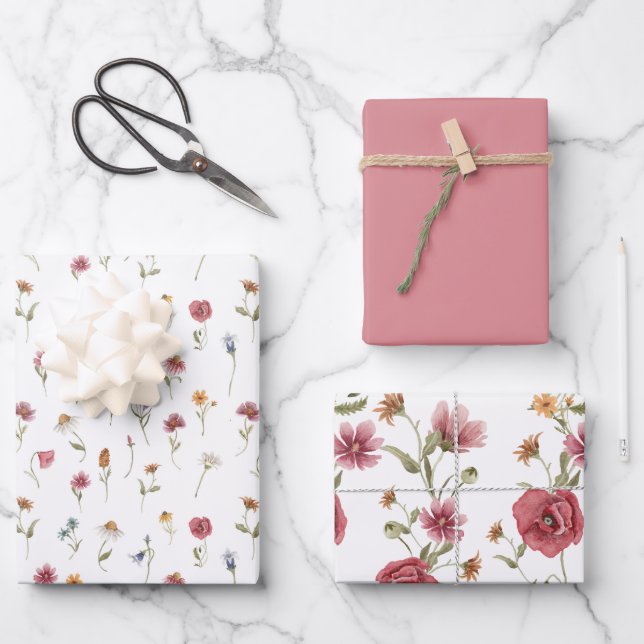 CAMILLA Dusty Pink Spring Wildblume Floral Geschenkpapier Set (Vorderseite)