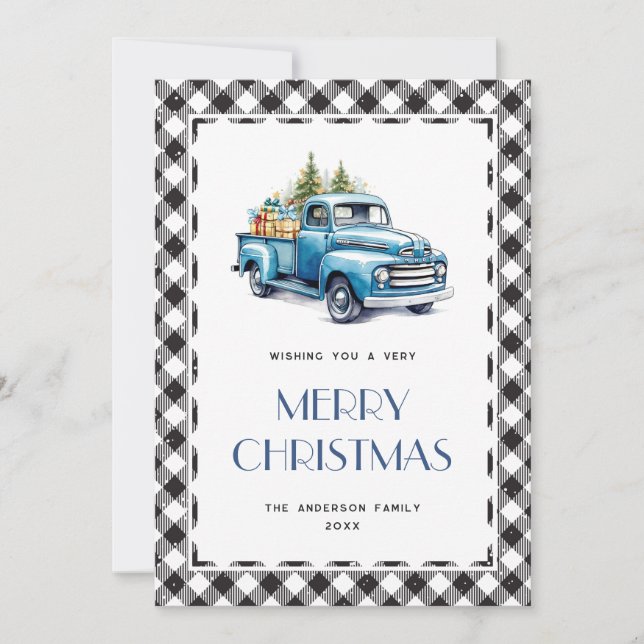 Camion bleu noir blanc plaid Joyeux carte de Noël (Devant)