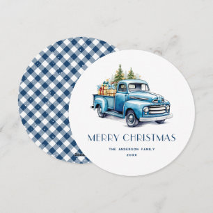 Camion bleu rustique En vichy Cartes de Noël