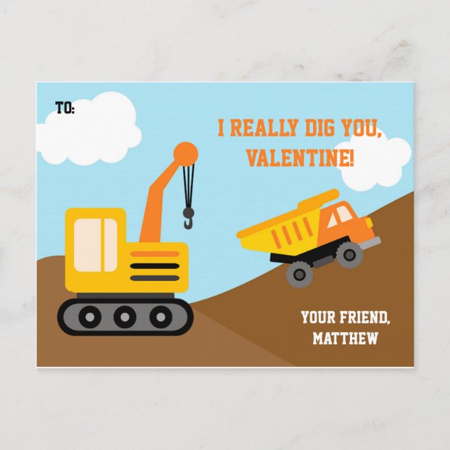 Camion de construction Valentines Carte Jour Enfan (Devant)