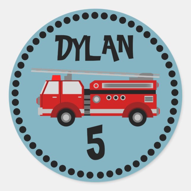 Camion de pompiers Anniversaire rond Sticker (Devant)