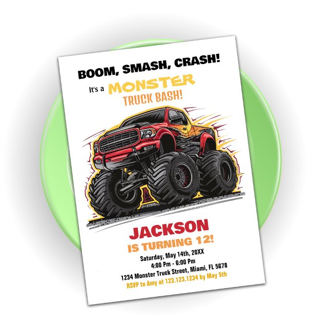 Camion Monster jaune rouge Invitations d'anniversa (Red Yellow Monster Truck Birthday Invitations)