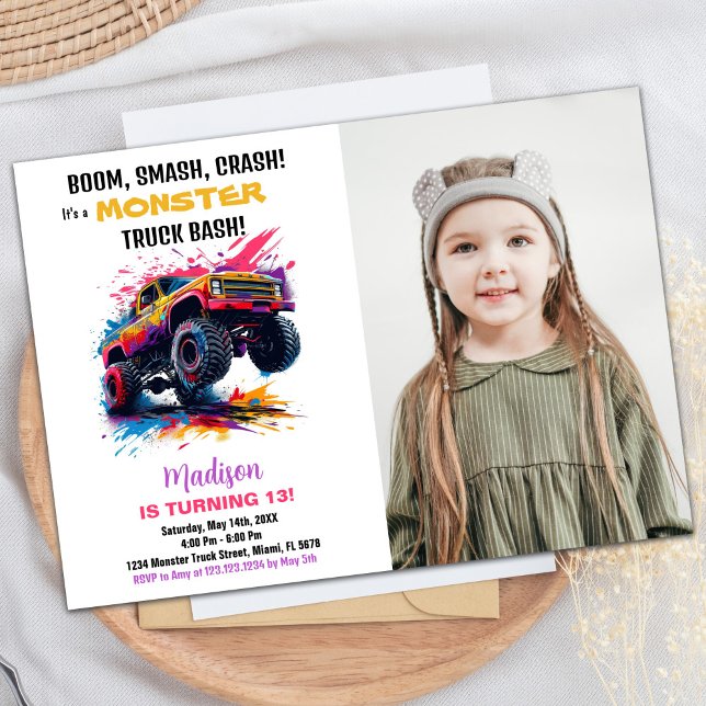 Camion Monster Rose Invitations Anniversaire Photo (Pink Monster Truck Birthday Invitations Photo)