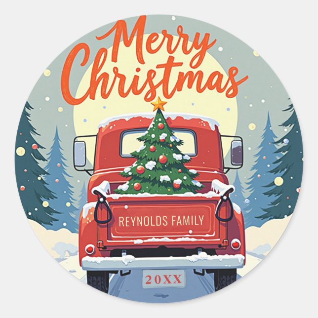 Camion rouge Joyeux Sticker rond Noël (Devant)
