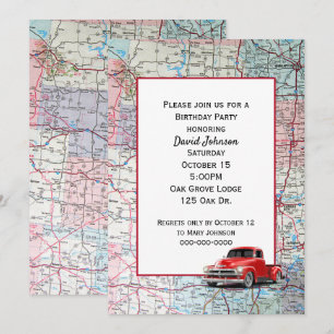 Camion rouge rétro sur la carte pour la fête