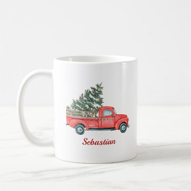 Camion rouge sapin de Noël X-mas Nom Mug (Gauche)