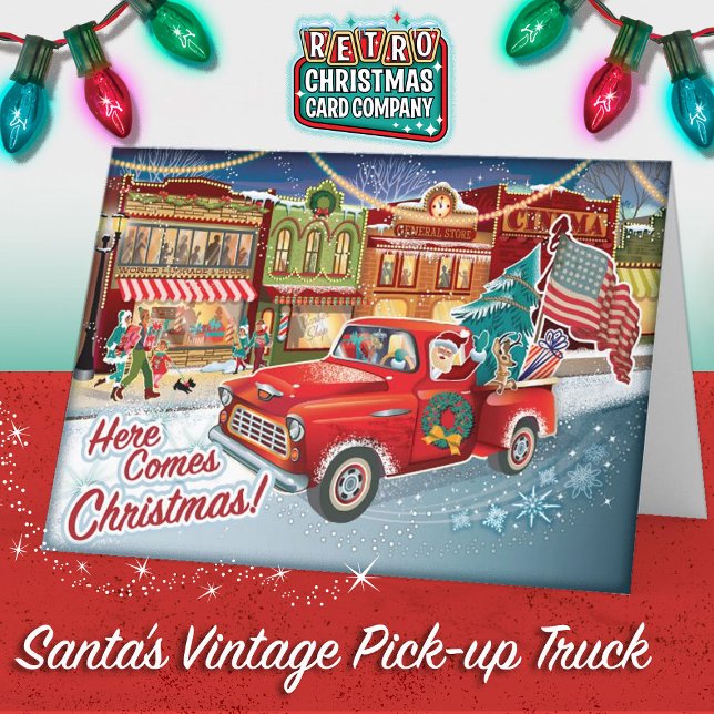 Camion Santas Pick-up + USA Drapeau Cartes de Noël (Santa's Vintage Camper - All American Christmas Card)