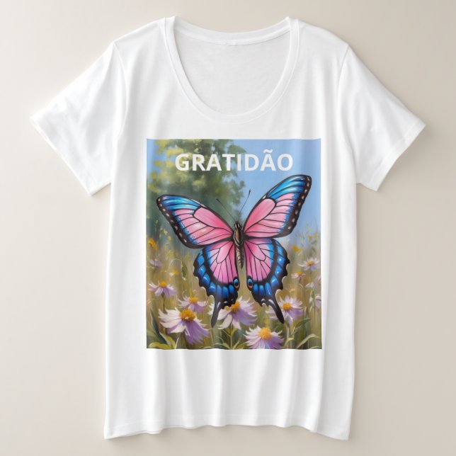 Camiseta Feminina Plus Size Básica Borboleta Große Größe T-Shirt (Design vorne)