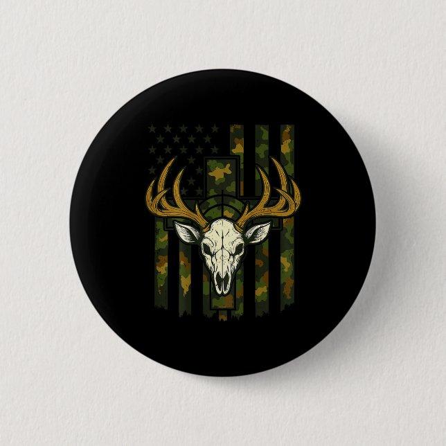Camo American Flag Elk Skull Deer Hunting Youth Bo Button (Vorderseite)