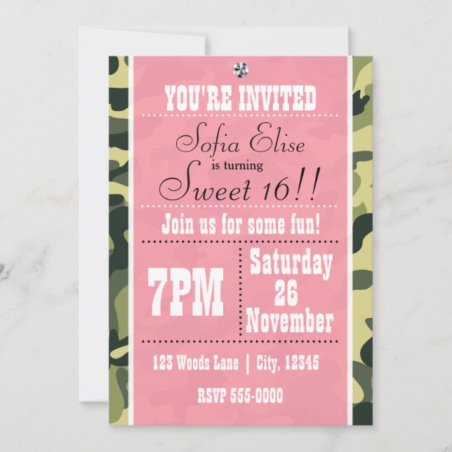 Camo Camouflage & Pink Anniversaire Invitation (Devant)