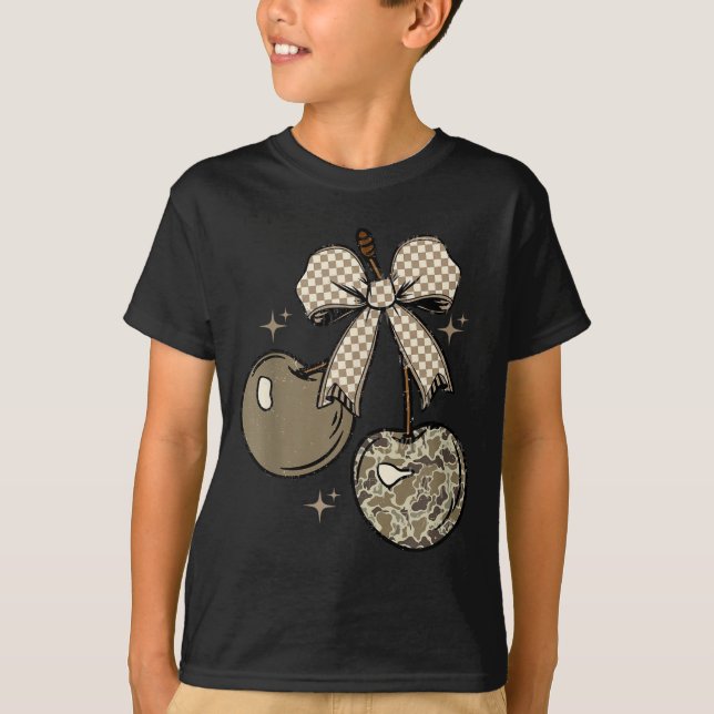 Camo Checkered Cherry Bow, Hunting,checkered Patte T-Shirt (Vorderseite)