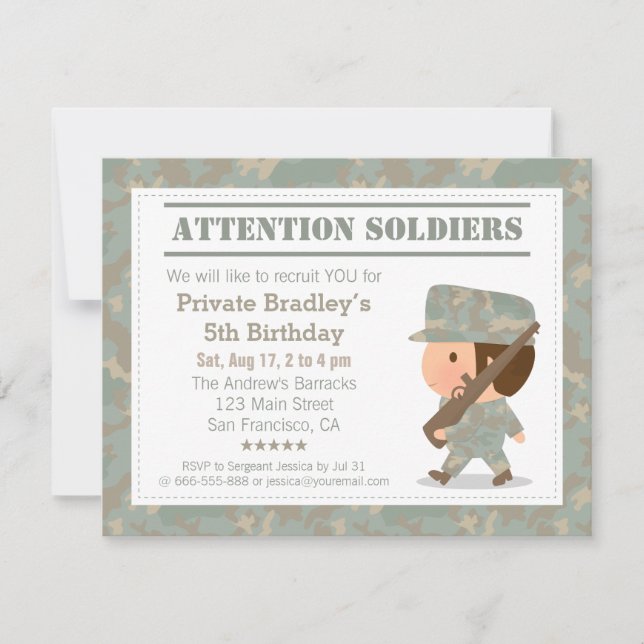 Camo Military Army Soldier Boy Birthday Party Einladung (Vorderseite)