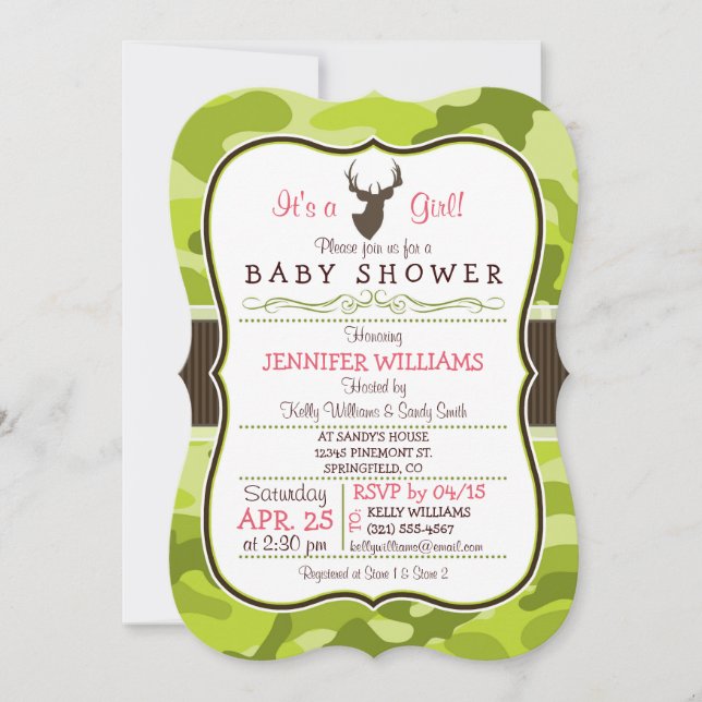 Camo vert avec Buck; Invitation Baby shower fille (Devant)