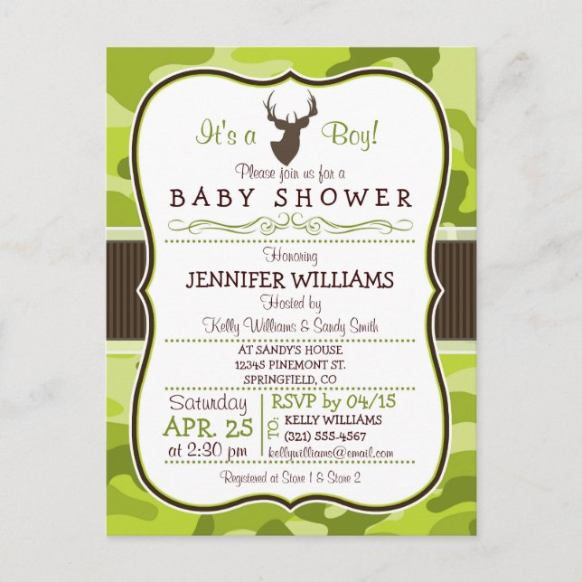 Camo vert avec Buck; Invitation Baby shower garçon (Devant)