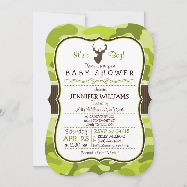 Camo vert avec Buck; Invitation Baby shower garçon (Devant)