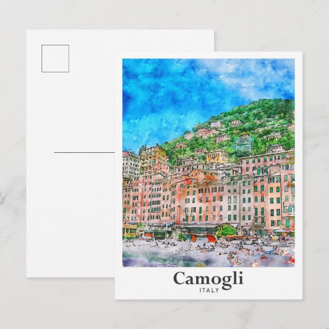 Camogli Italien Reisen Wasserfarben Hand gezogen Postkarte (Vorne/Hinten)