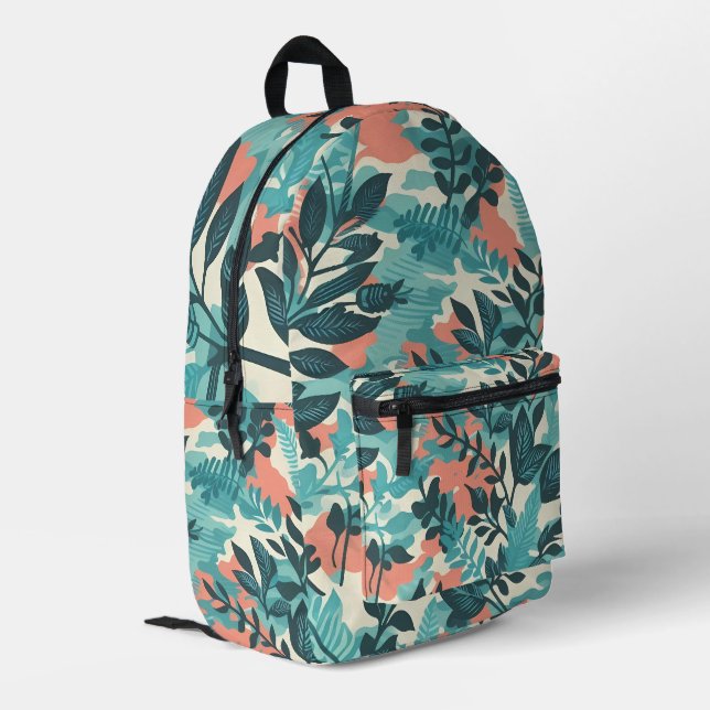 Camouflage Abstrakte Blätter Bedruckter Rucksack (Rückseitige Ecke links)