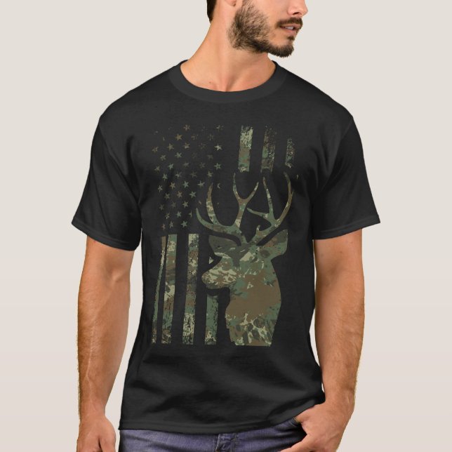 Camouflage American Flag Buck Jagd T-Shirt (Vorderseite)