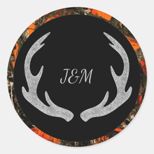 Camouflage Antler Monogram Hochzeitsticker Runder Aufkleber (Vorderseite)