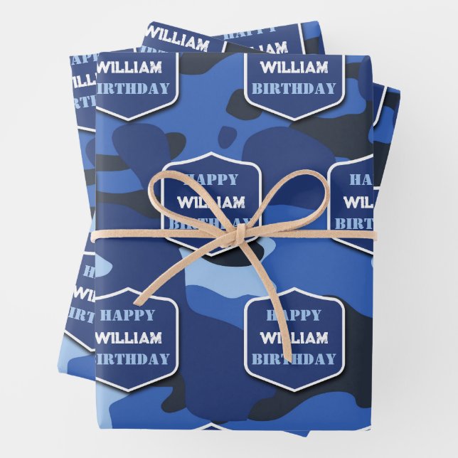 Camouflage Blue Camouflage Army Monogram Birthday  Geschenkpapier Set (Beispiel)