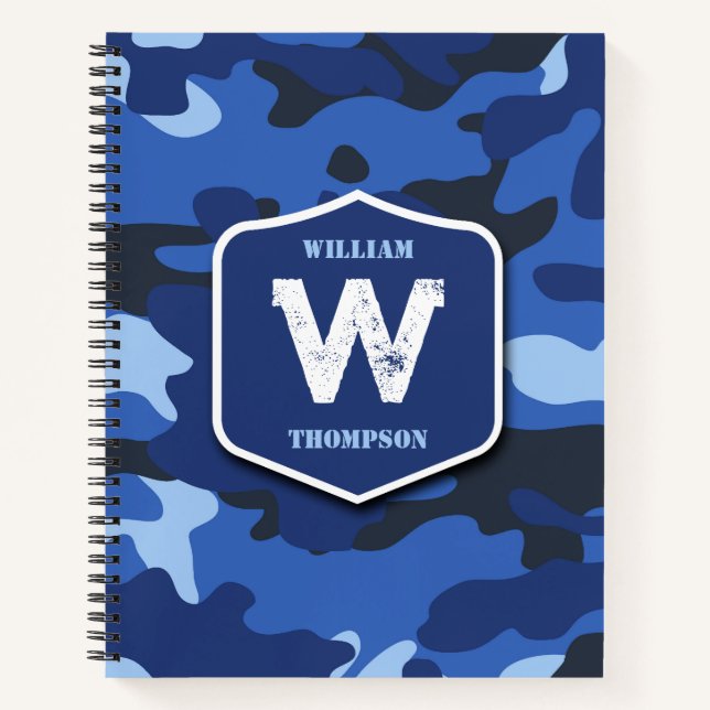 Camouflage Blue Camouflage Army Pattern Monogram Notizbuch (Vorderseite)