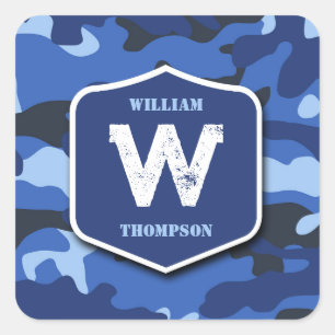 Camouflage Blue Camouflage Army Pattern Monogram Quadratischer Aufkleber