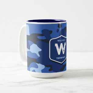 Camouflage Blue Camouflage Army Pattern Monogram Zweifarbige Tasse