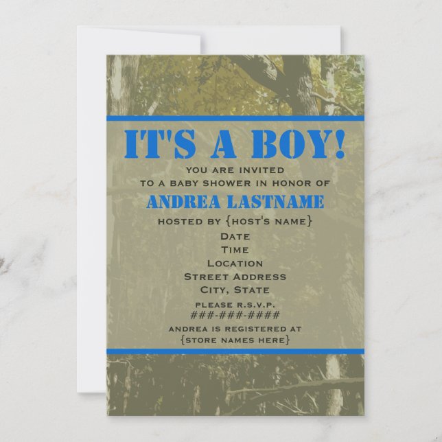 Camouflage et Baby shower bleu Invitation (Devant)