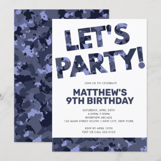 Camouflage Geburtstag, Let's Party Blue Camouflage Einladung