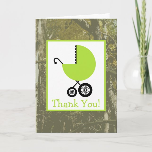 Camouflage & Green Carriage Baby Dusche Vielen Dan Dankeskarte (Vorderseite)