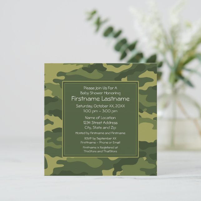 Camouflage Kinderdusche oder Party Einladung (Stehend Vorderseite)