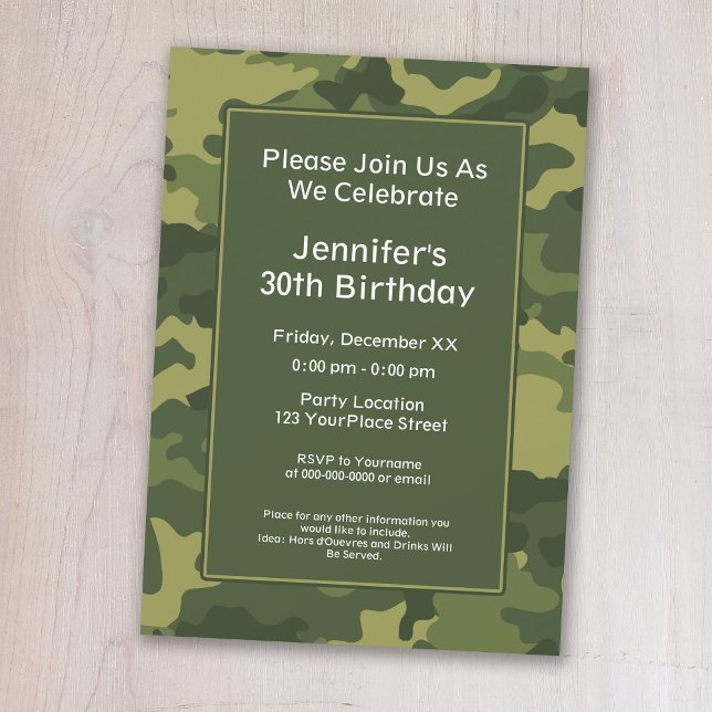 Camouflage Militärisches Thema Geburtstagspartei Einladung (A camouflage print birthday party invitation)