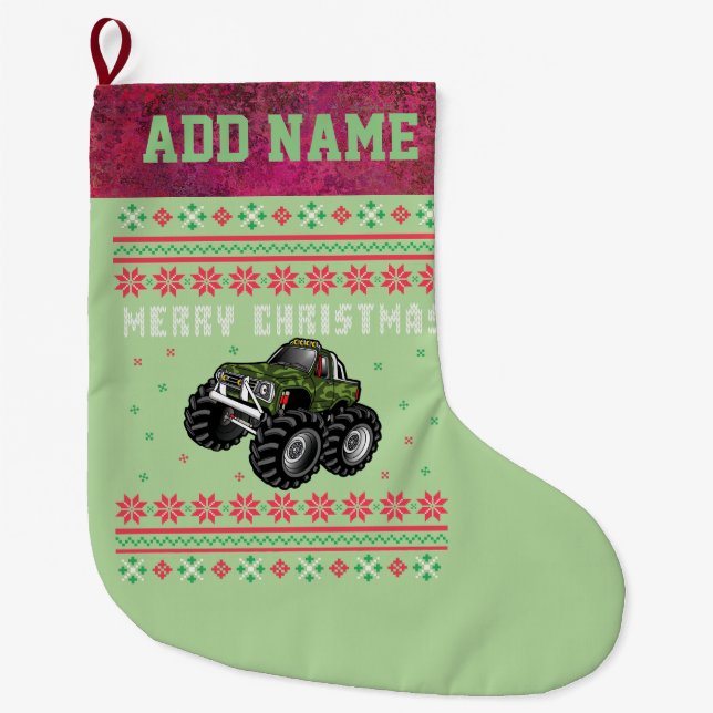 Camouflage Monster Truck Ugly Christmas Sweater Großer Weihnachtsstrumpf (Vorderseite)