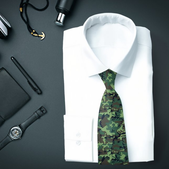 Camouflage Necktie Krawatte (A green camo necktie is featured on an assemblage of men's fashion accessories.)