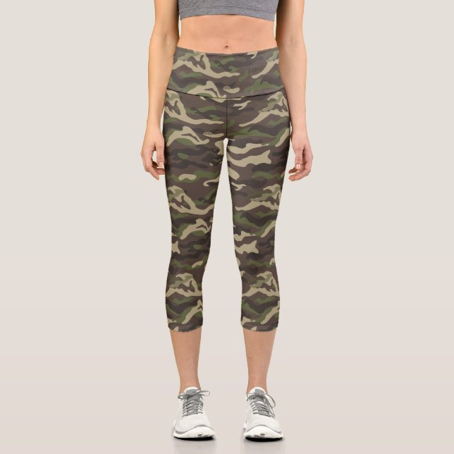 Camouflage Print, Green Brown Camouflage Muster ku Capri Leggings (Vorderseite)