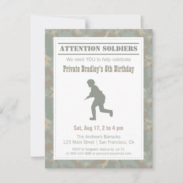 Camouflage Print Soldier Silhouette Army Geburtsta Einladung (Vorderseite)