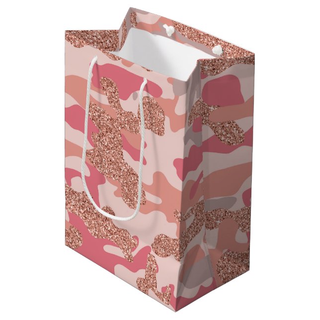 Camouflage Rose Gold Blush Pink Camouflage Arena M Mittlere Geschenktüte (Vorderseite Schrägansicht)