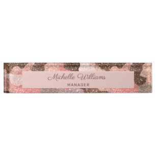 Camouflage Rose Gold Glitzer Modern Script Namensplakette